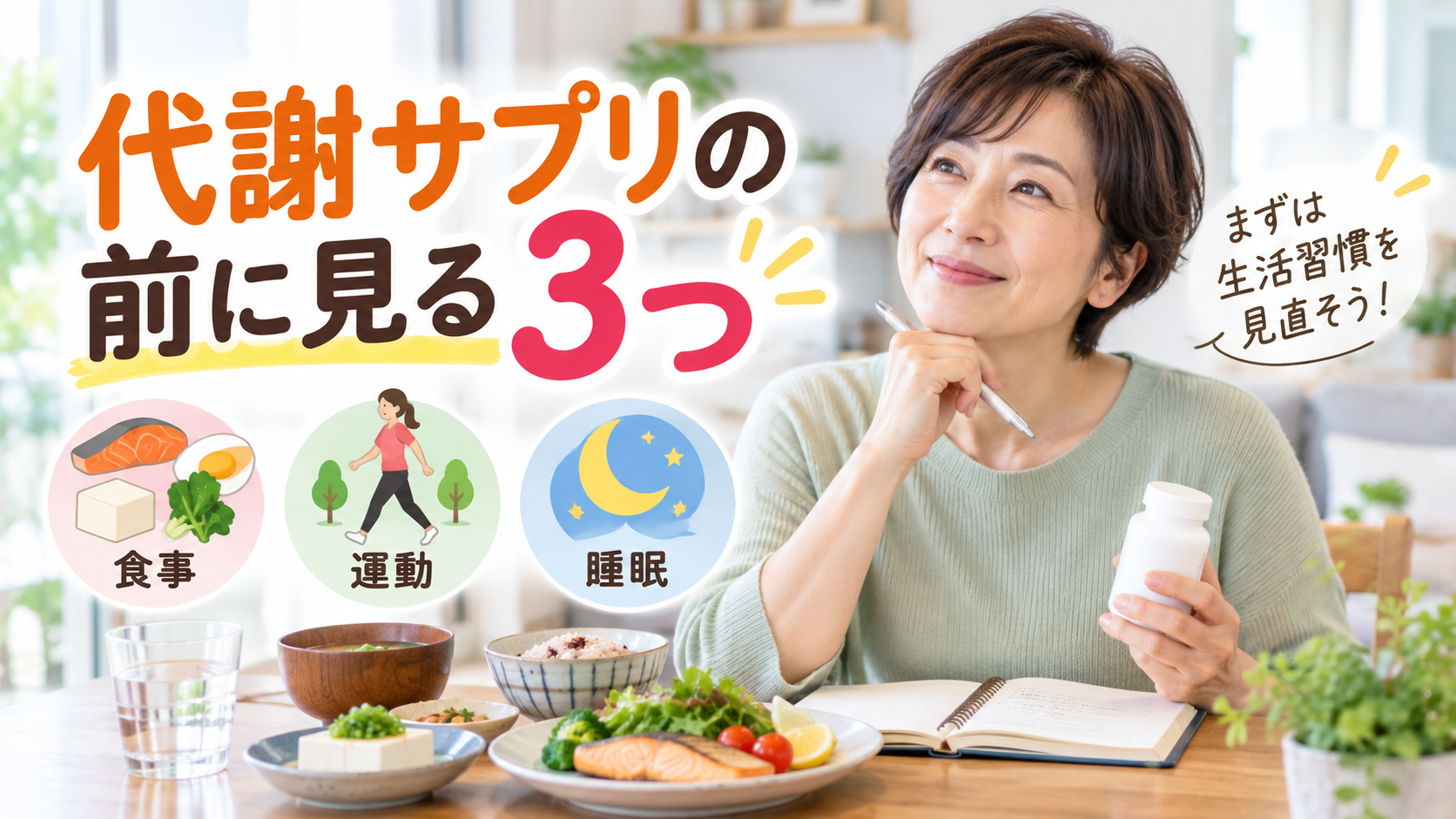 50代女性が代謝サプリの前に食事・運動・睡眠を見直す様子
