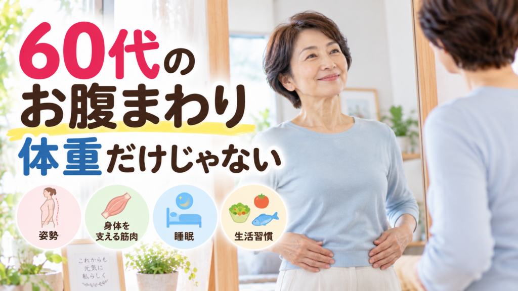 60代女性がお腹まわりと姿勢を鏡で確認する様子