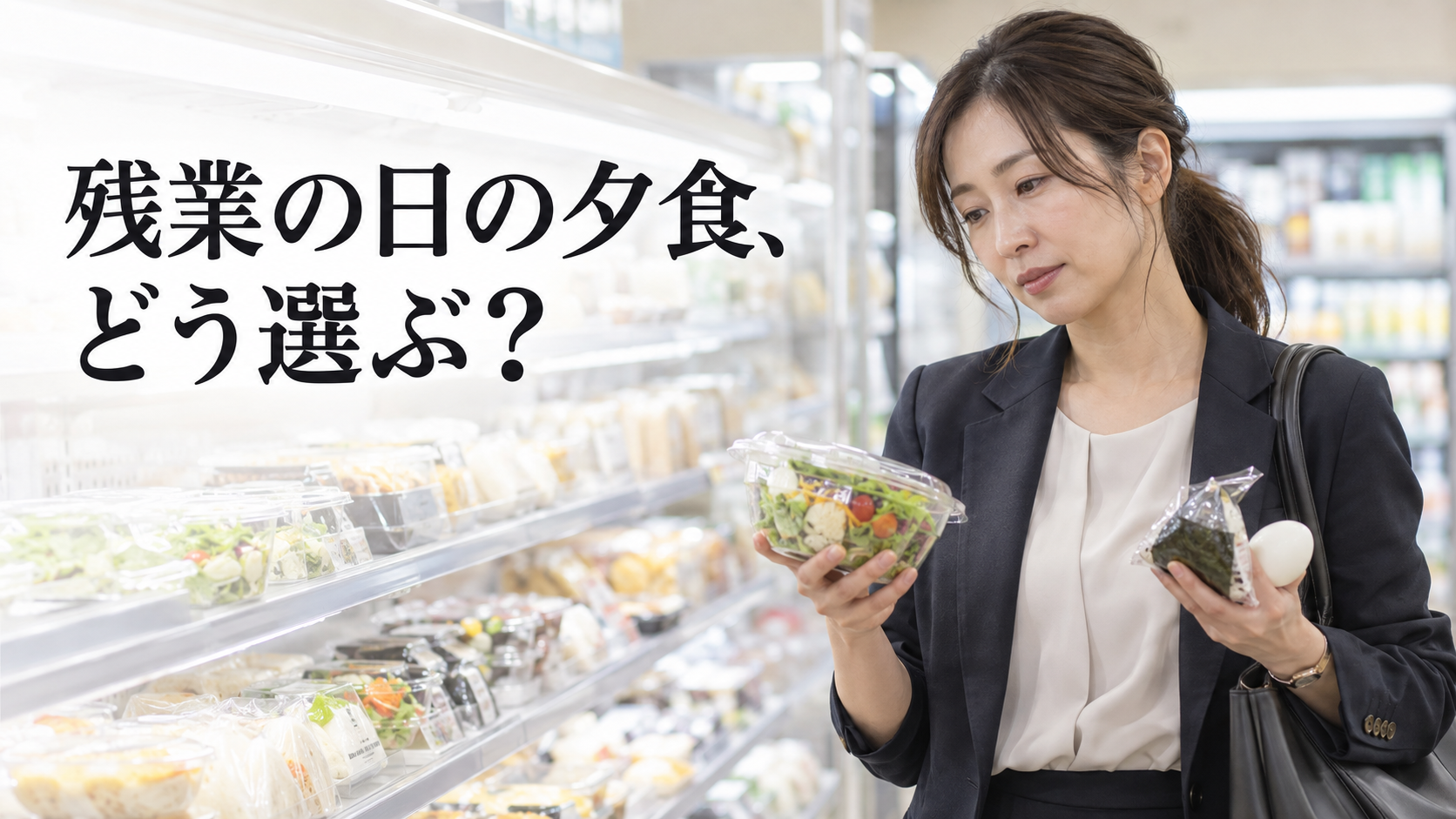 残業の日の夕食をコンビニで選ぶ40代女性