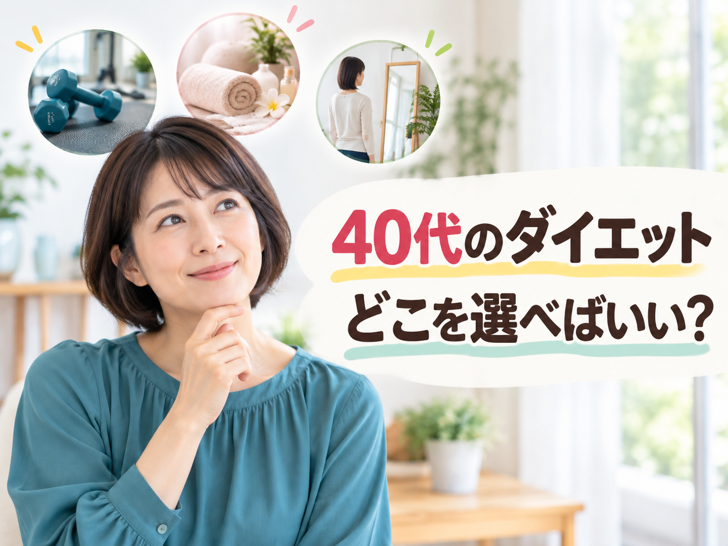 40代女性がパーソナルジム・痩身エステ・ダイエット整体を比較するイメージ