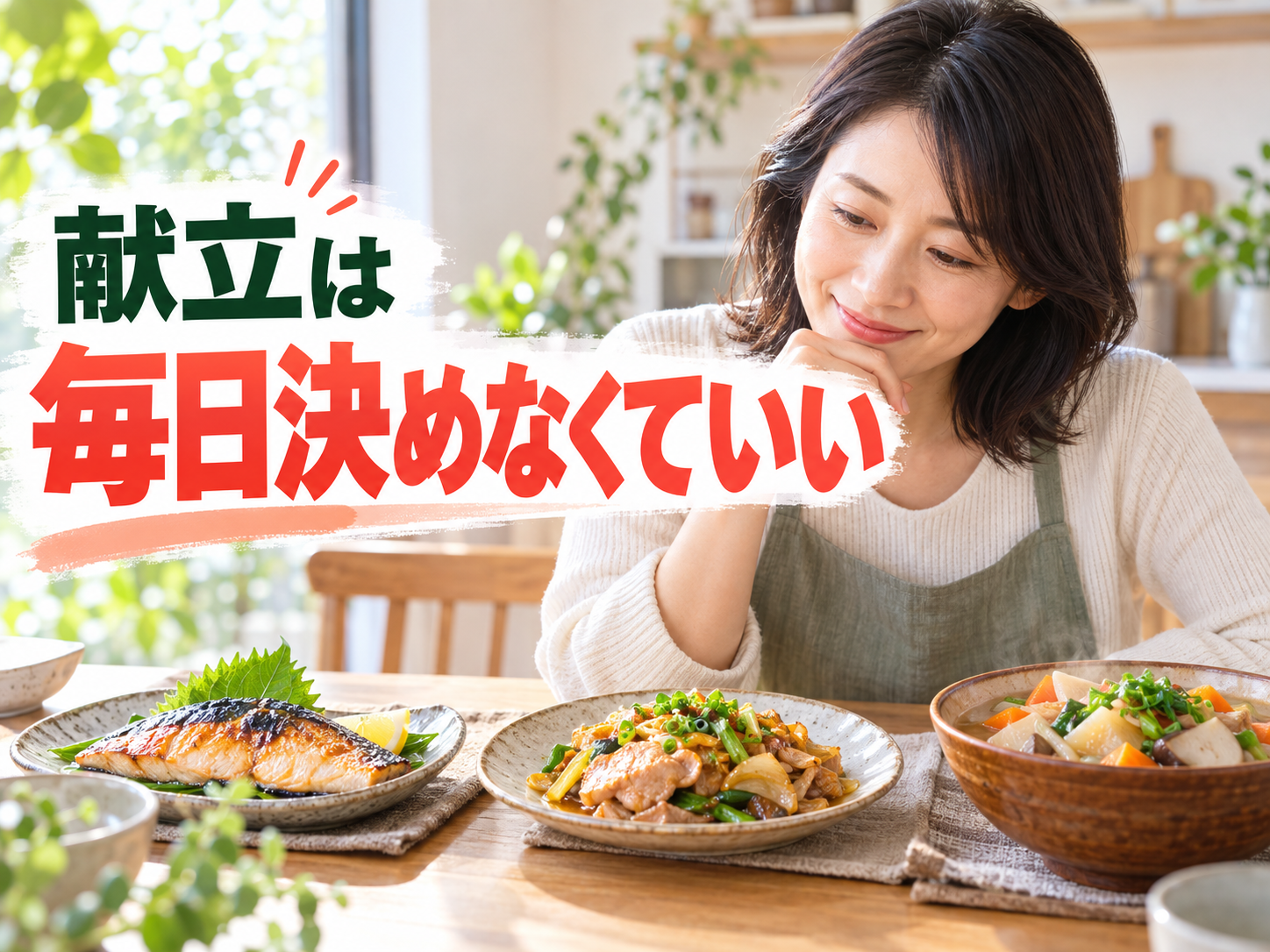 40代の女性が3つの食事パターンから献立を選ぶ様子