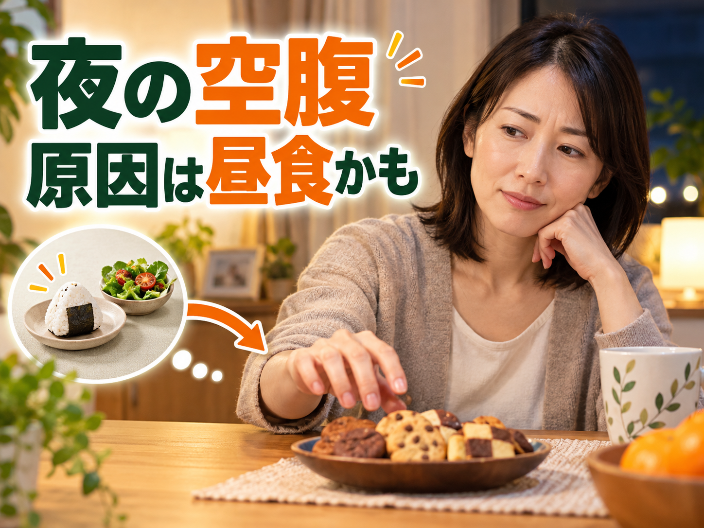 夕食後の空腹と昼食不足の関係を表した40代女性のイメージ