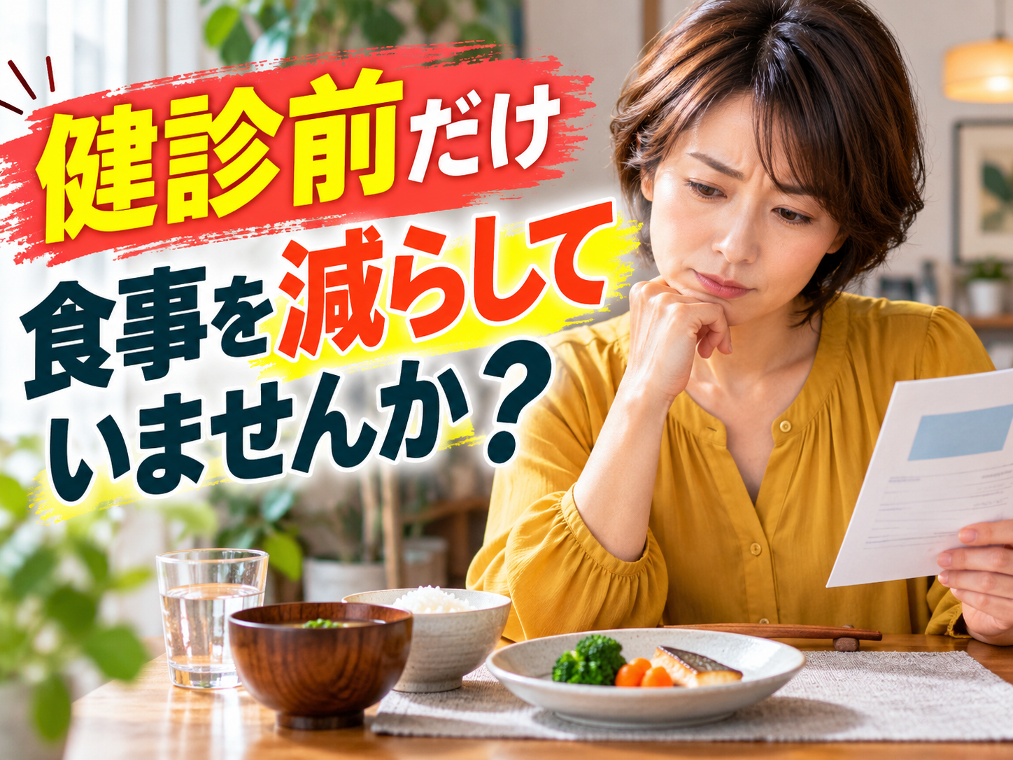 健康診断の結果を見ながら食事を見直す40代女性