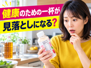 健康飲料の栄養成分表示を確認する40代女性