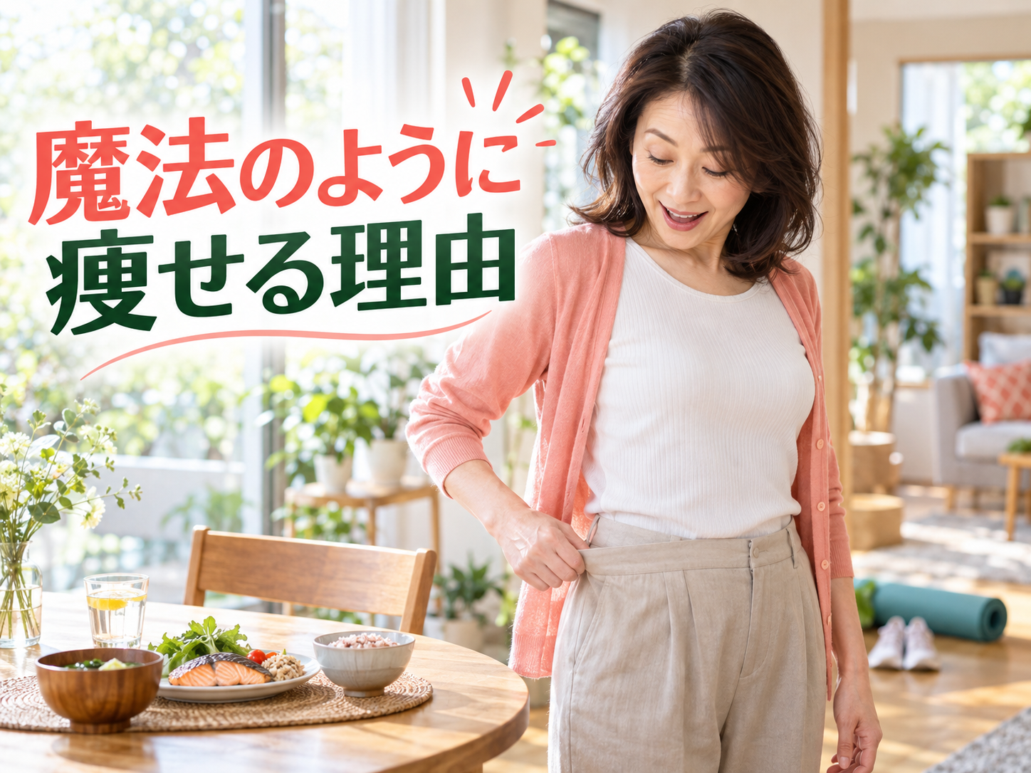 服のゆとりに気づく50代女性と、食事・運動・生活習慣を整えるイメージ